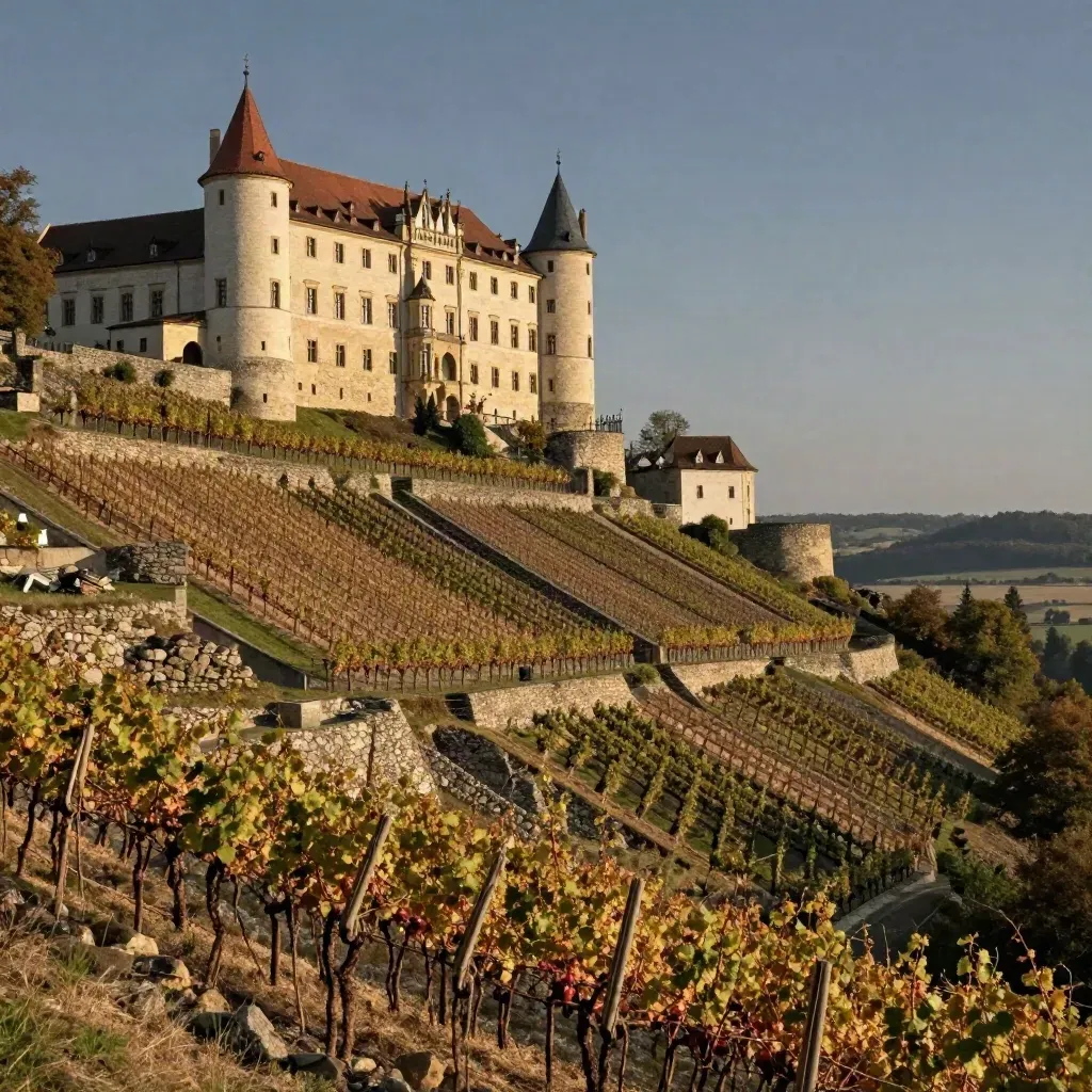 Albrechtsburg und Dom über sonnigen Weinbergterrassen im Elbtal bei Meißen.