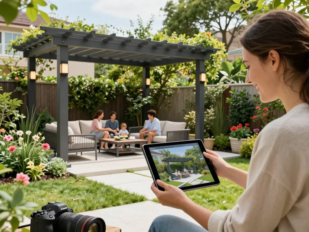 Pergola Konfigurator 3D Design in einem lebhaften Garten mit einem Designer, der ein Tablet für die Echtzeitvisualisierung verwendet.