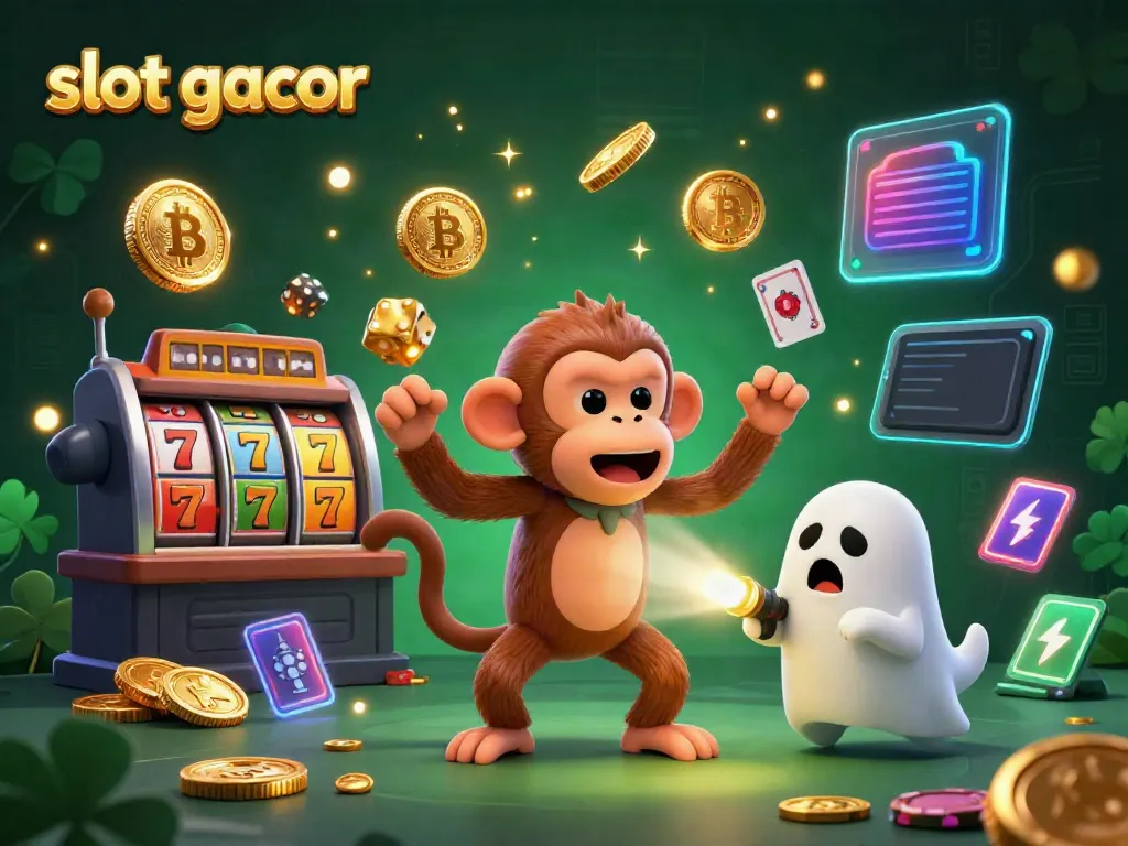 Experience the excitement of slot gacor with a playful monkey and a ghost-hunter puppy in a vibrant casino.