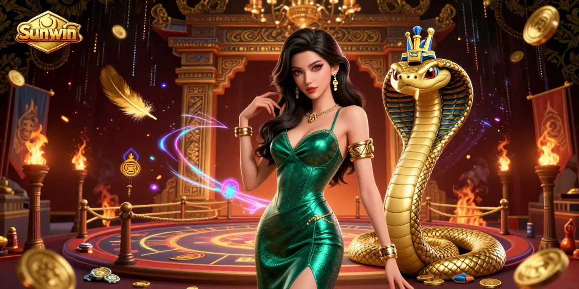 Sunwin captivates players with an emerald-dressed woman and golden cobra in a dynamic online casino scene.