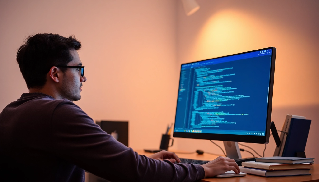 Visual Studio 2022 Professional Lizenzschlüssel direkt erhalten – Entwickler am Computer mit Programmiercode.