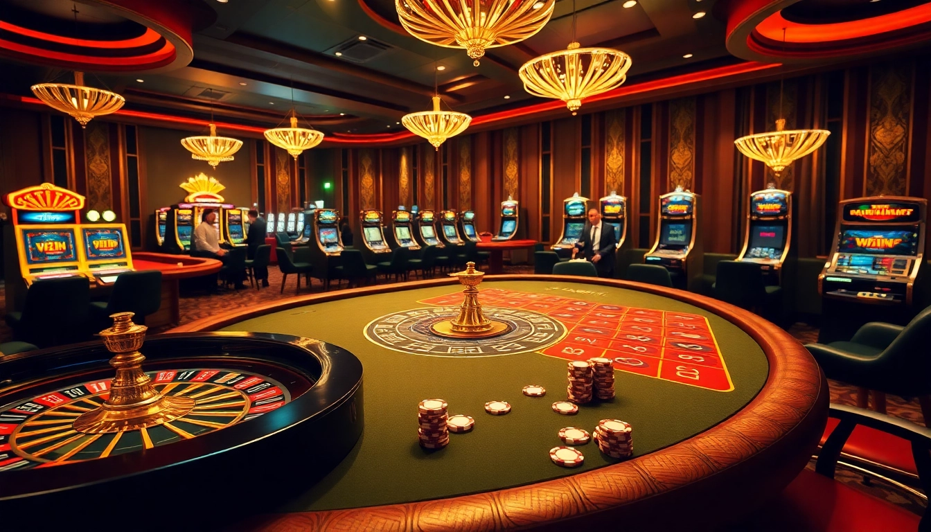 Experience the thrill of gambling with 33WIN branding on an elegant casino floor filled with roulette and blackjack.