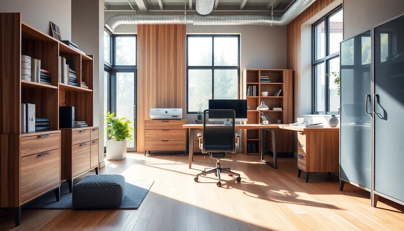 Entdecken Sie stilvolle Büromöbel in einem einladenden Büro mit ergonomischem Schreibtisch und Stuhl.