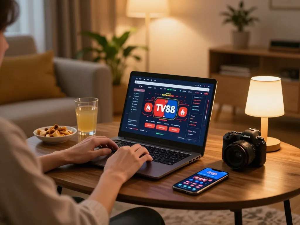 Engaging gameplay on TV88's online casino platform with a cozy home setting.