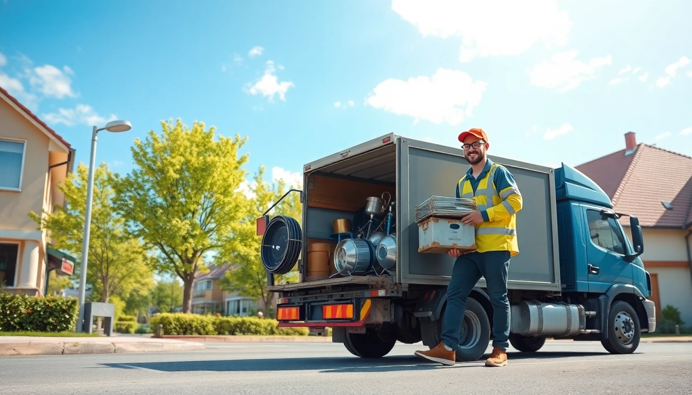 Schrottabholung durch professionellen Schrotthändler, der Metall in Transporter lädt.