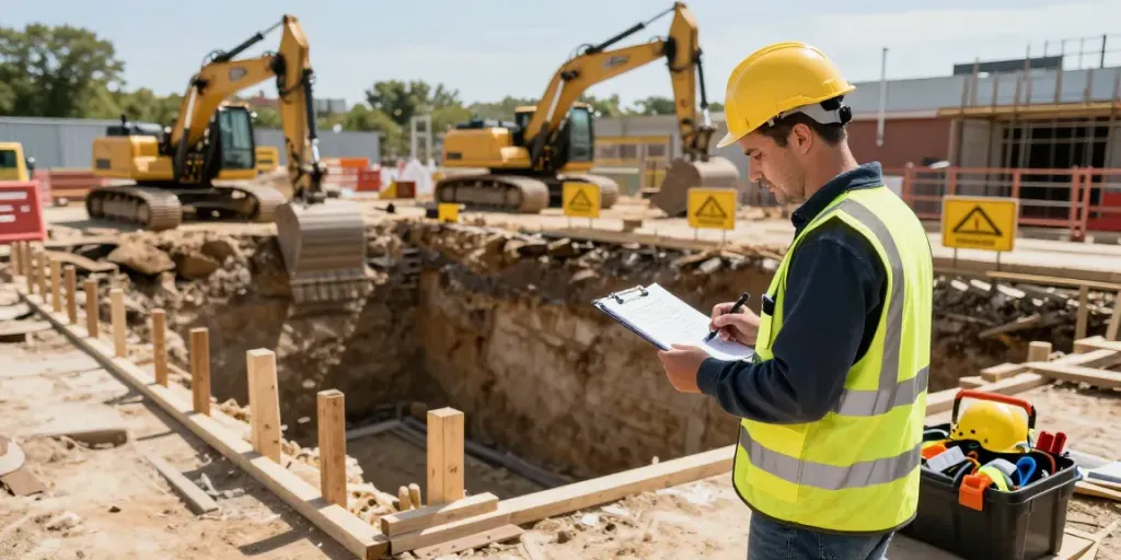 Professioneller Sicherheitsexperte überprüft die Absicherung von Baugruben auf einer Baustelle mit Sicherheitsbarrieren und Maschinen.