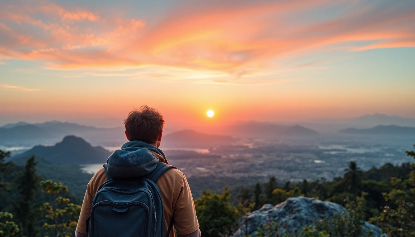 Fernreisen: Abenteuerliche Reisende bewundern exotische Landschaften bei Sonnenuntergang.