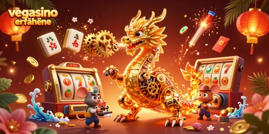 Experience the excitement of vegasino erfahrungen with a golden dragon amidst gambling elements.