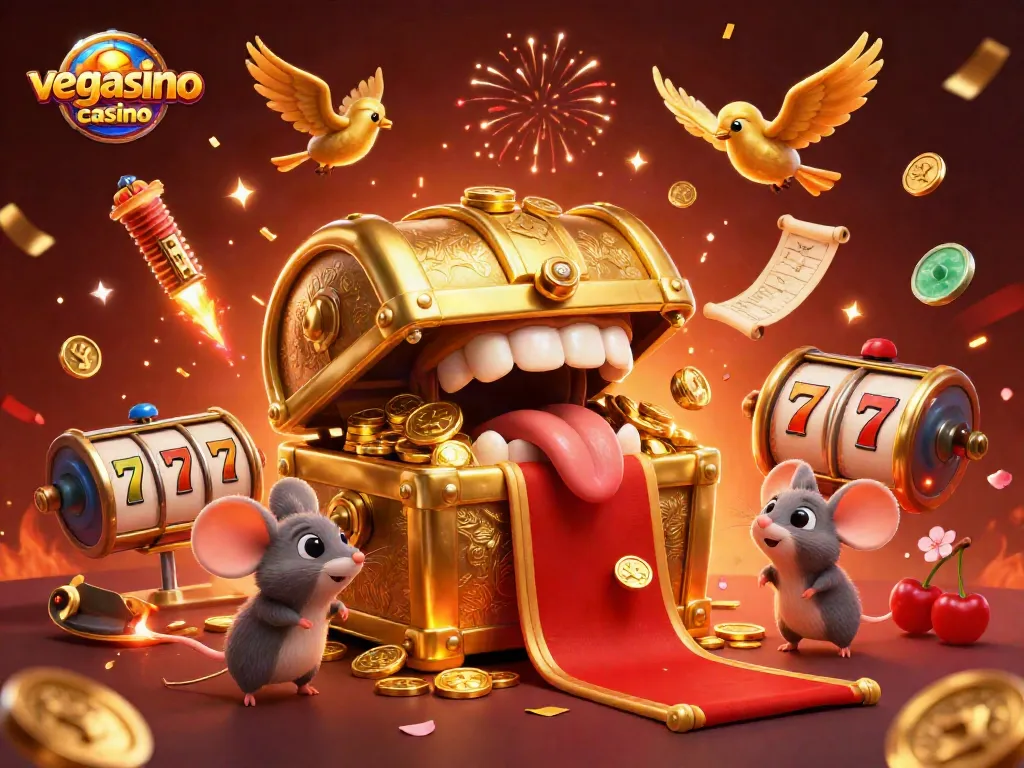 Experience the excitement of vegasino casino with a captivating 3D illustration featuring a treasure chest and animated gaming elements.