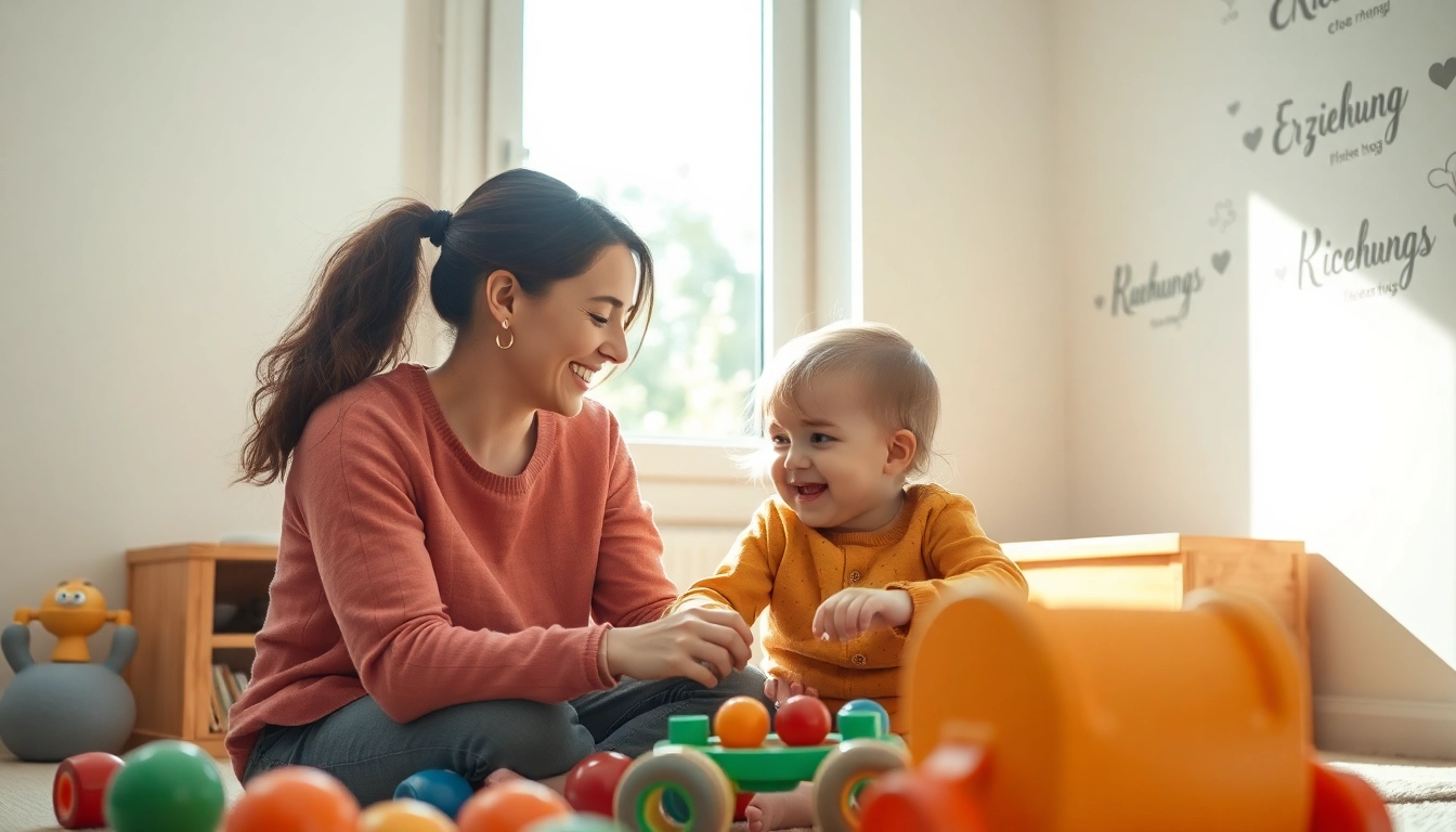 Erziehen mit Liebe und Unterstützung: eine Mutter spielt mit ihrem Kind in einem hellen Raum, das das Konzept der Kindererziehung symbolisiert.