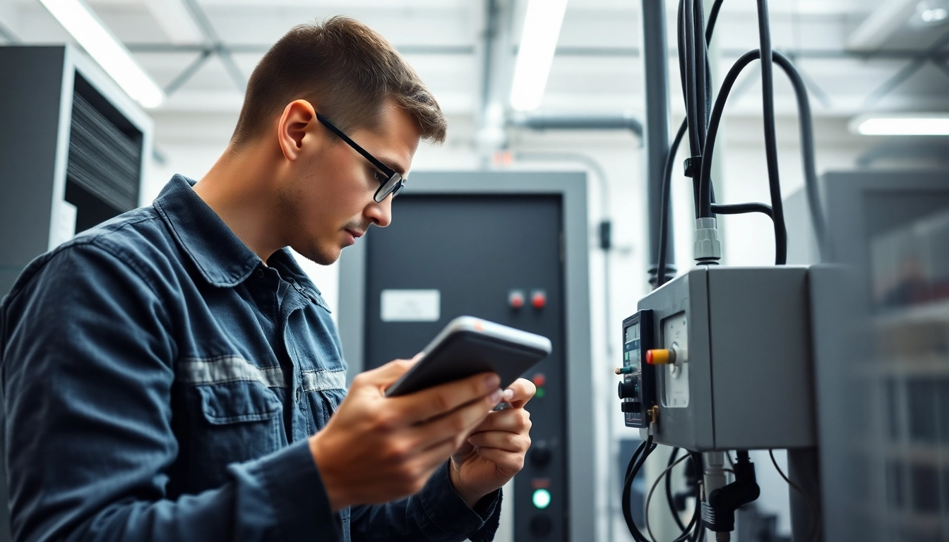 Technician performing a DGUV V3 Prüfung on electrical equipment, showcasing attention to safety standards.