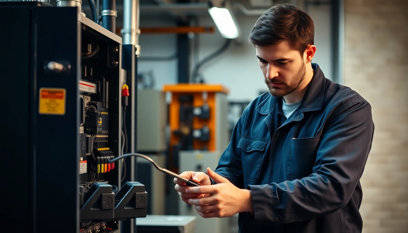 Technician performing a DGUV V3 Prüfung on electrical devices in a professional workshop, showcasing safety standards.