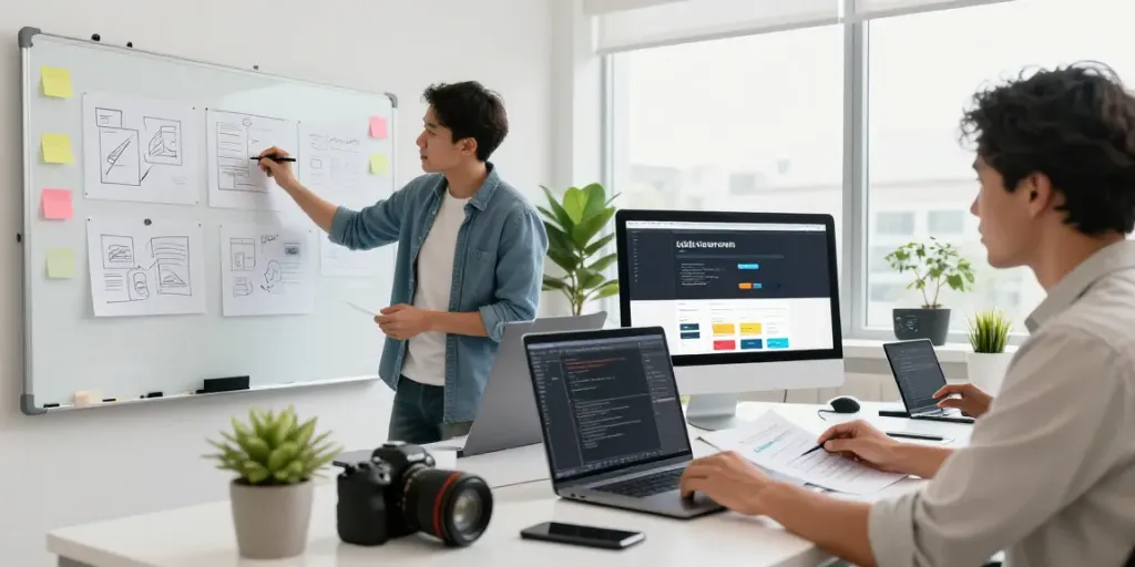 Webdesign Saarland: Kreatives Team arbeitet an einem Website-Projekt in einem modernen Studio.