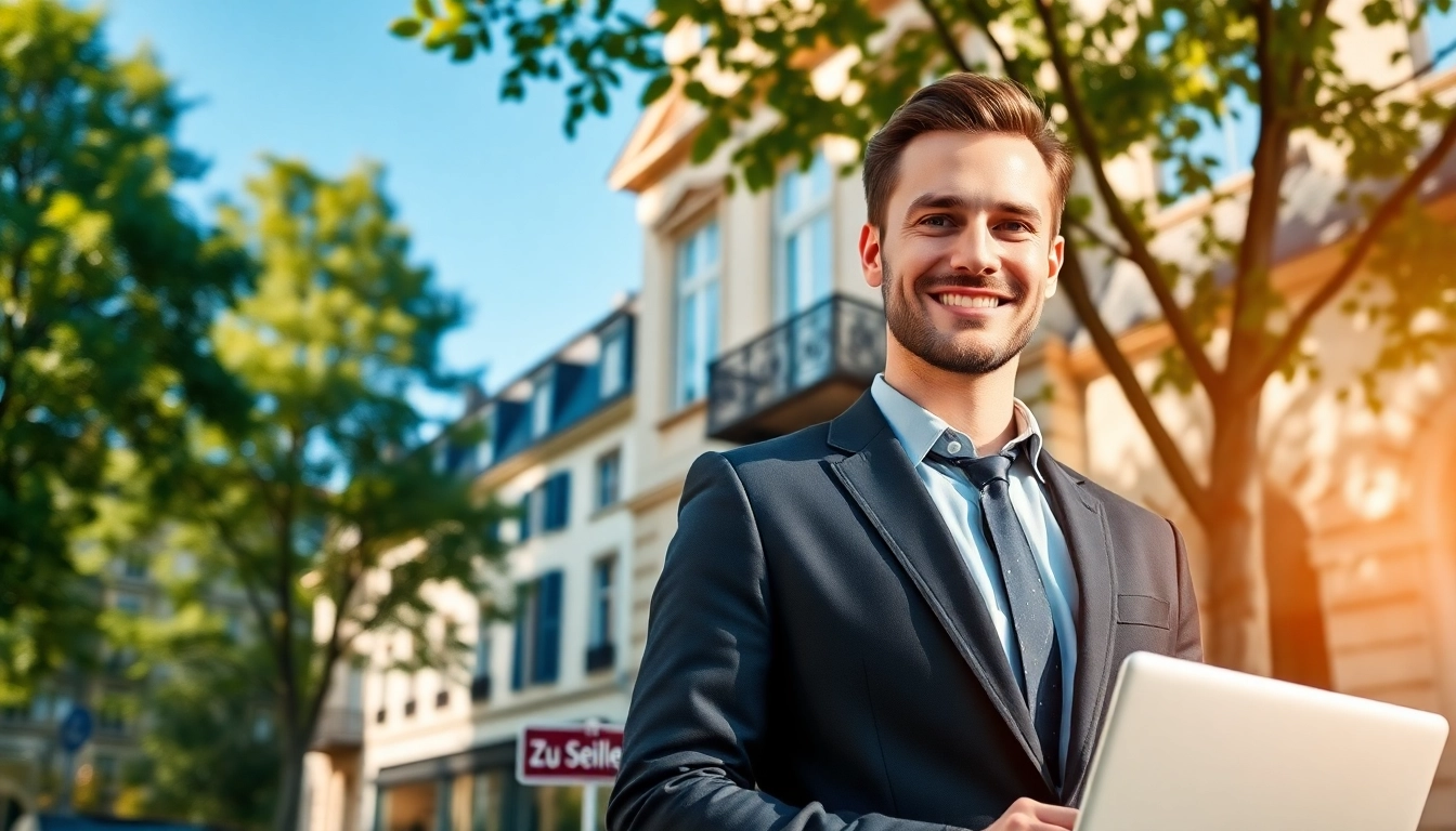 Immobilienmakler Frankfurt Sachsenhausen vor einem eleganten Gebäude mit Vertrauenswürdigkeit und Professionalität.