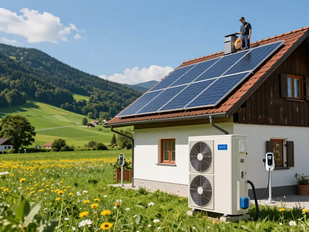 Photovoltaik Bayern Solarpanel-Installation auf bayerischem Zuhause mit Wärmepumpentechnologie und malerischer Landschaft.