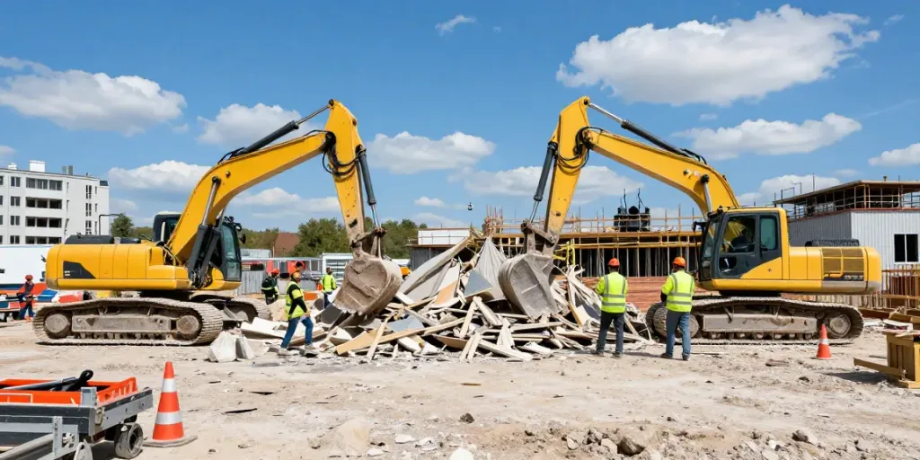 Aktive Baustelle mit den Abrisskosten im Fokus, Maschinen und Arbeiter im Einsatz.