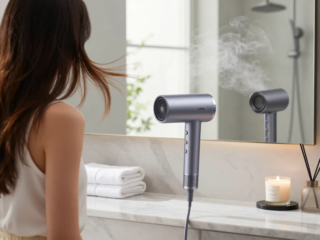 Laifen Haartrockner UK in einem modernen Badezimmer mit natürlichem Licht und stilvollen Accessoires.