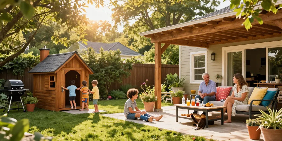 Familie beim Gartenhaus kaufen und Entspannen im weitläufigen Garten.