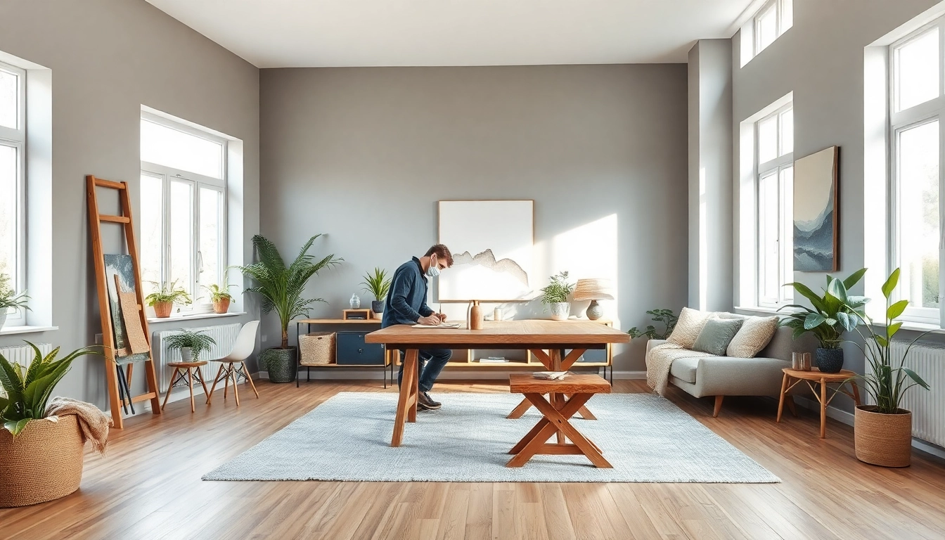 Modernes Wohnzimmer während der Hausrenovierung mit handwerklichen Arbeiten und sanften Farben.