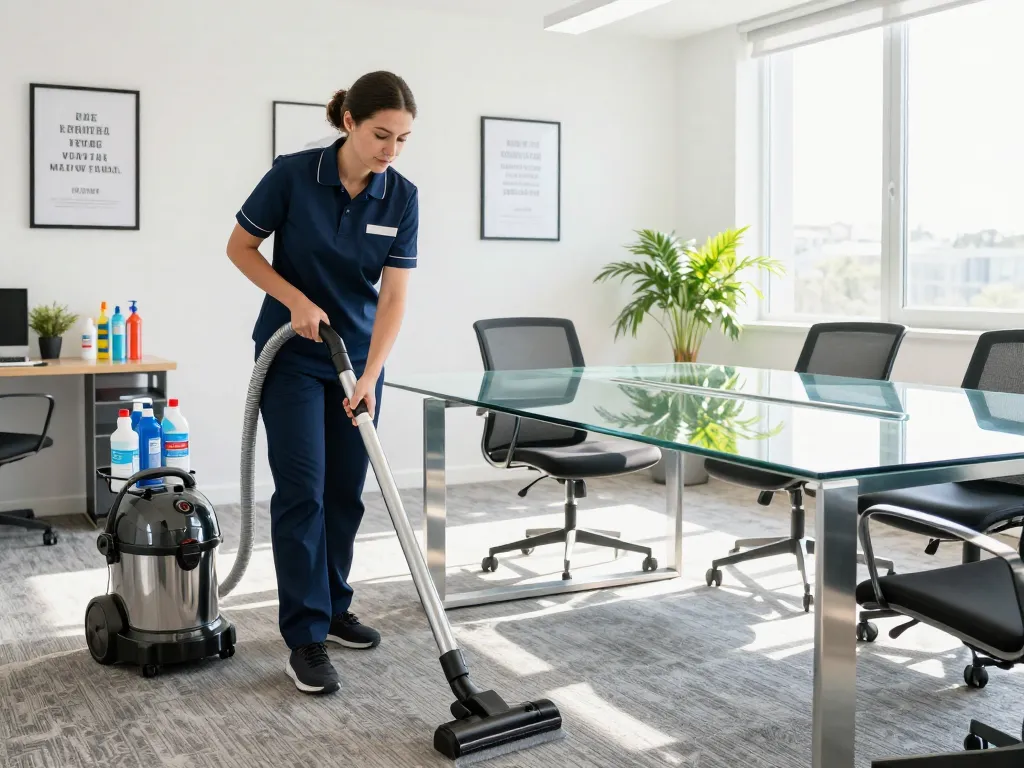 Reinigungsservice in Münster, der ein professionelles Reinigungsteam in einem lebhaften Büro zeigt, das für strahlende Sauberkeit sorgt.