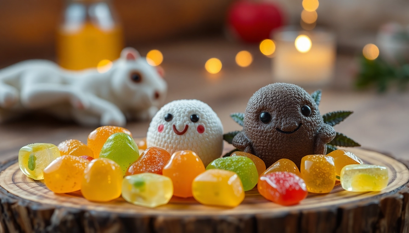 THC Gummies in einer ansprechenden Anordnung auf einem Holzbrett, unter warmem Licht.
