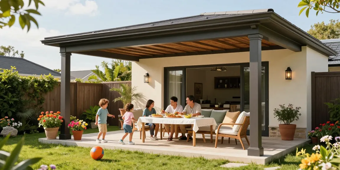 Freistehende Terrassenüberdachung mit Familie im Garten bei Sonnenschein
