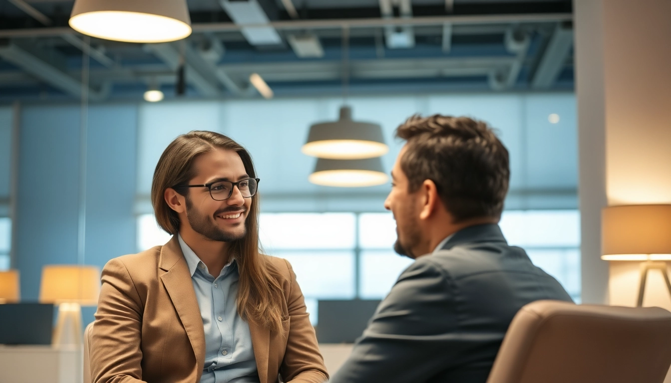 Headhunter führt ein konstruktives Gespräch mit einem Kandidaten im modernen Büro.