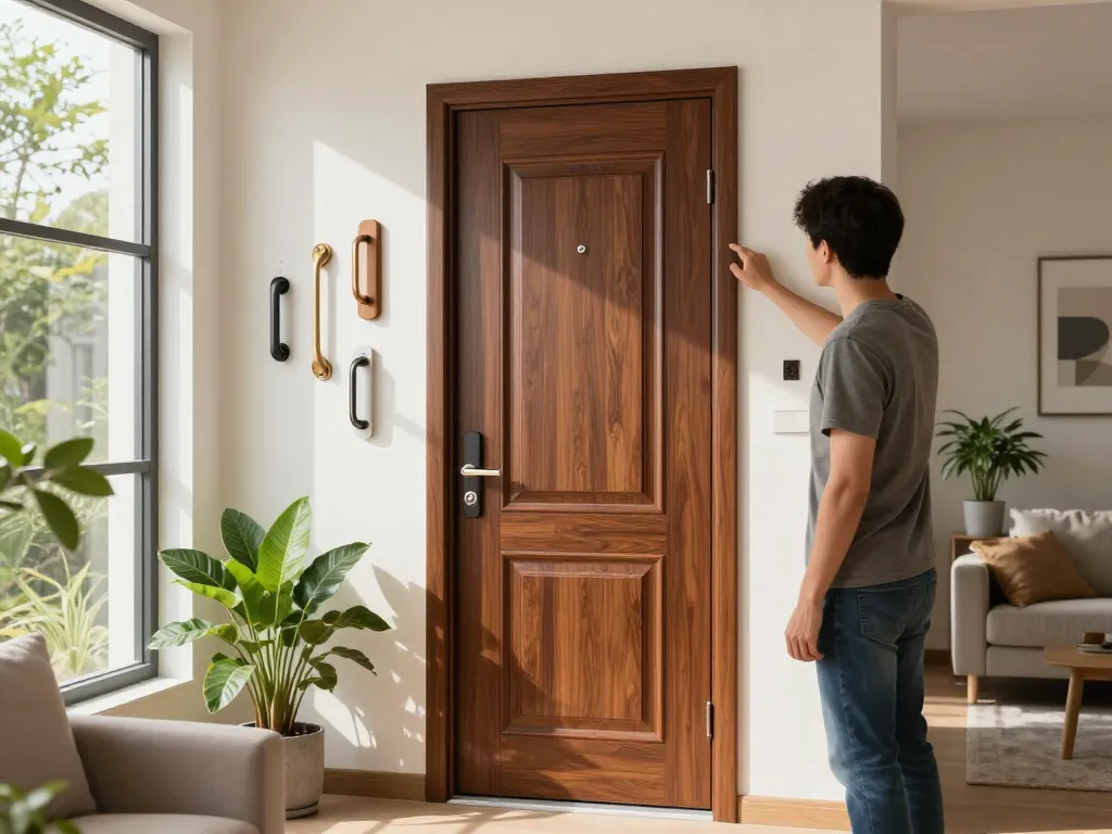 Anzeige einer nebeneingangstür mit stilvollen Beschlägen in einem modernen Zuhause.