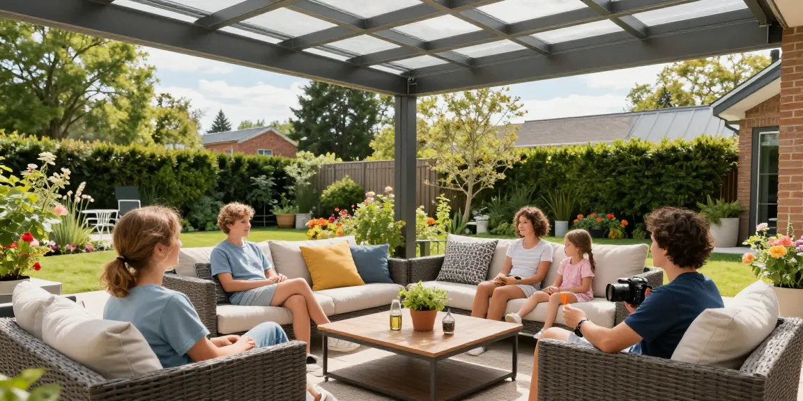 Moderne Terrassenüberdachung mit einer einladenden Familie beim Entspannen im Garten