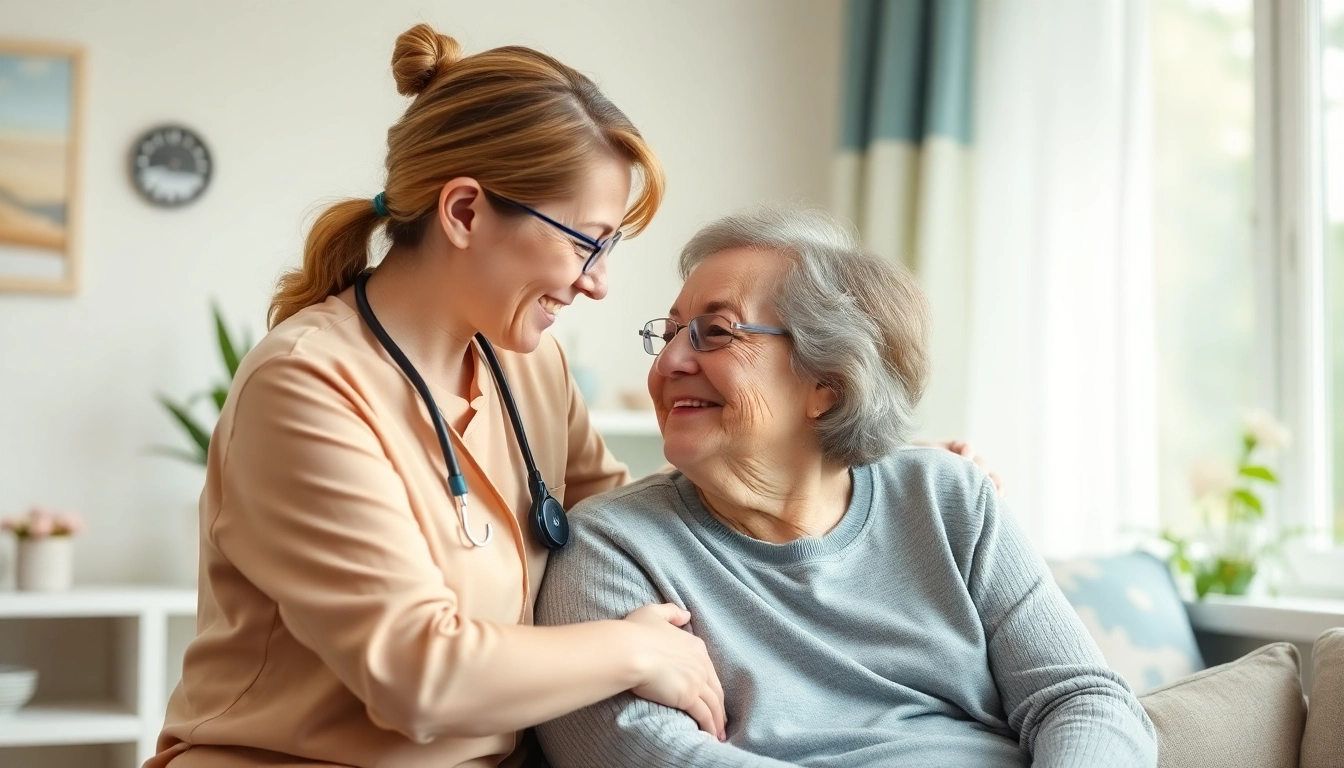 Engaging scene of a caregiver from a pflegedienst hameln assisting an elderly client in a warm home environment.