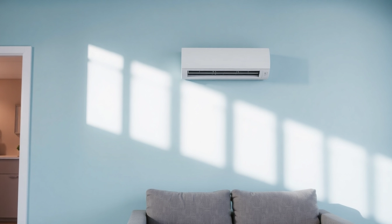 Klimaanlage in modernem Wohnzimmer, umgeben von stilvollem Interieur für optimale Kühlung.