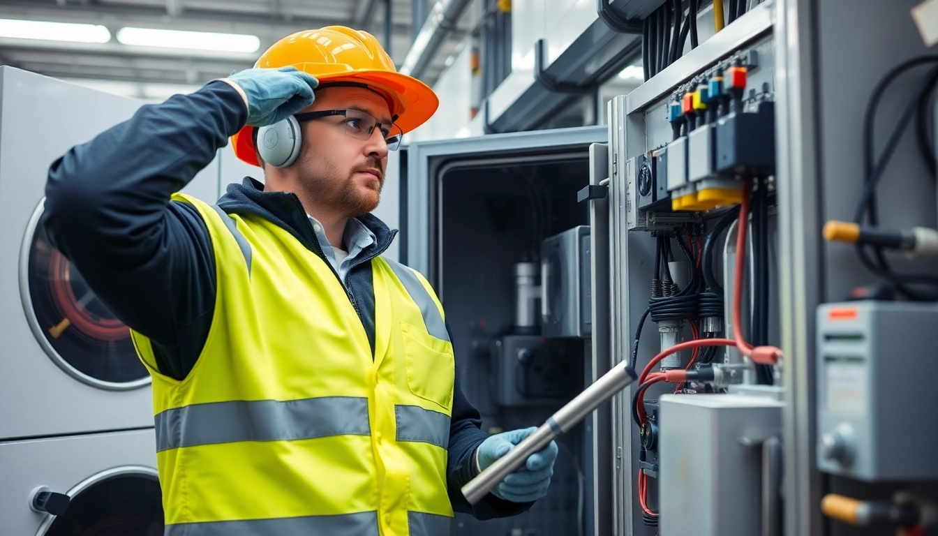 Technician performing DGUV V3 Prüfung on electrical appliances, ensuring workplace safety.