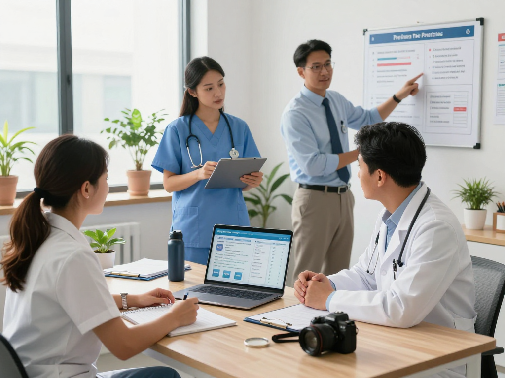 Healthcare professionals discussing Gesundheitswesen Arzt data privacy in a modern office