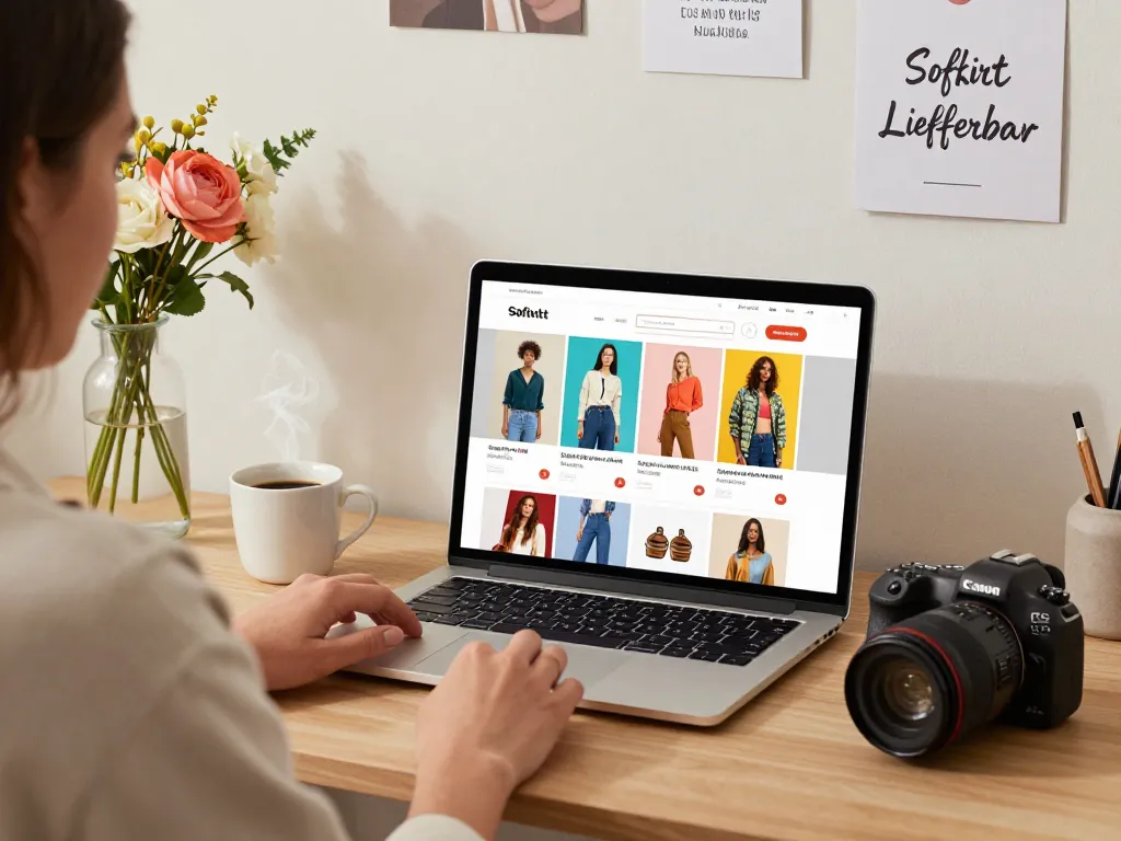 Käufer erkundet Sofort Lieferbar Produkte online in einem stilvollen Homeoffice.