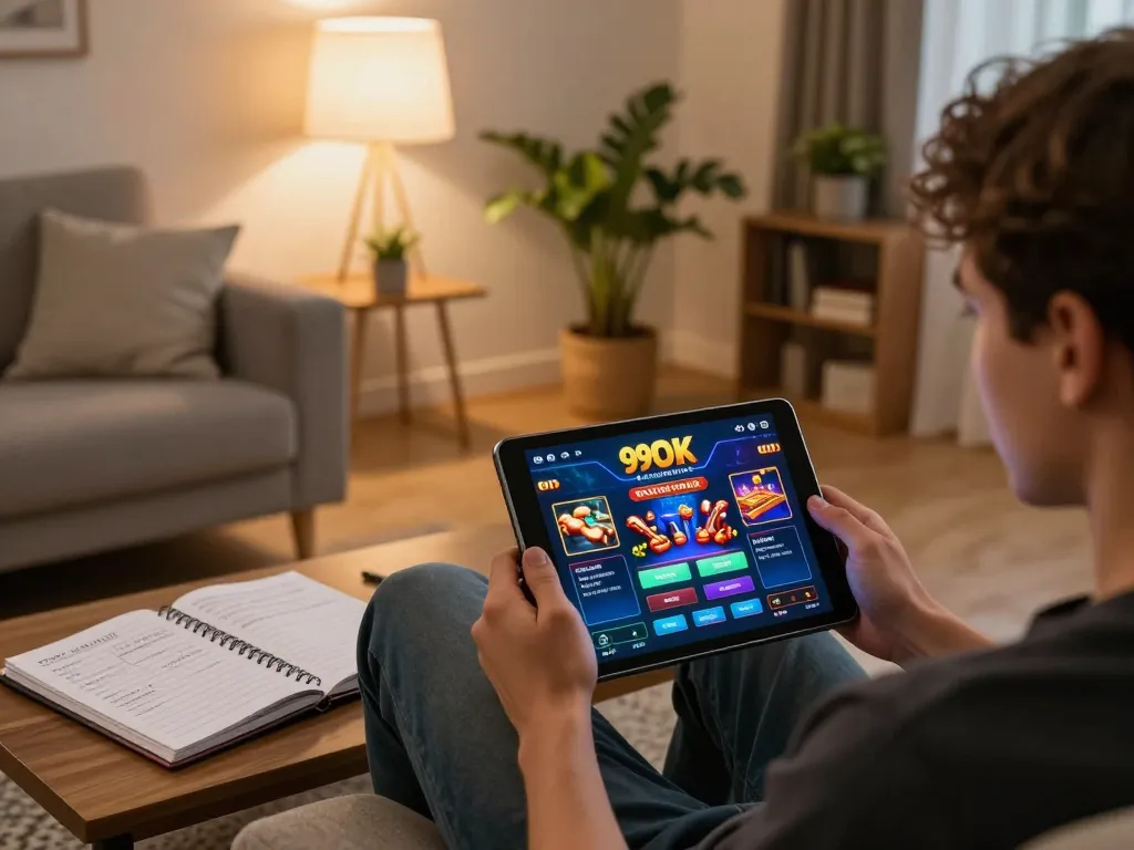 Engaged player using the 99OK app on tablet in a cozy living room setting.
