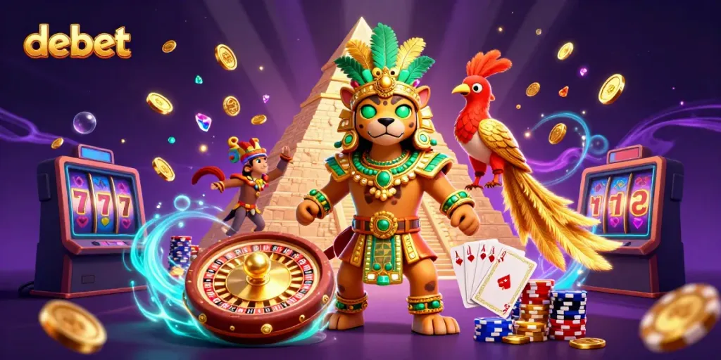 Engage with debet’s thrilling casino scene featuring Mayan-inspired characters amidst a cascade of gold coins and vibrant game elements.