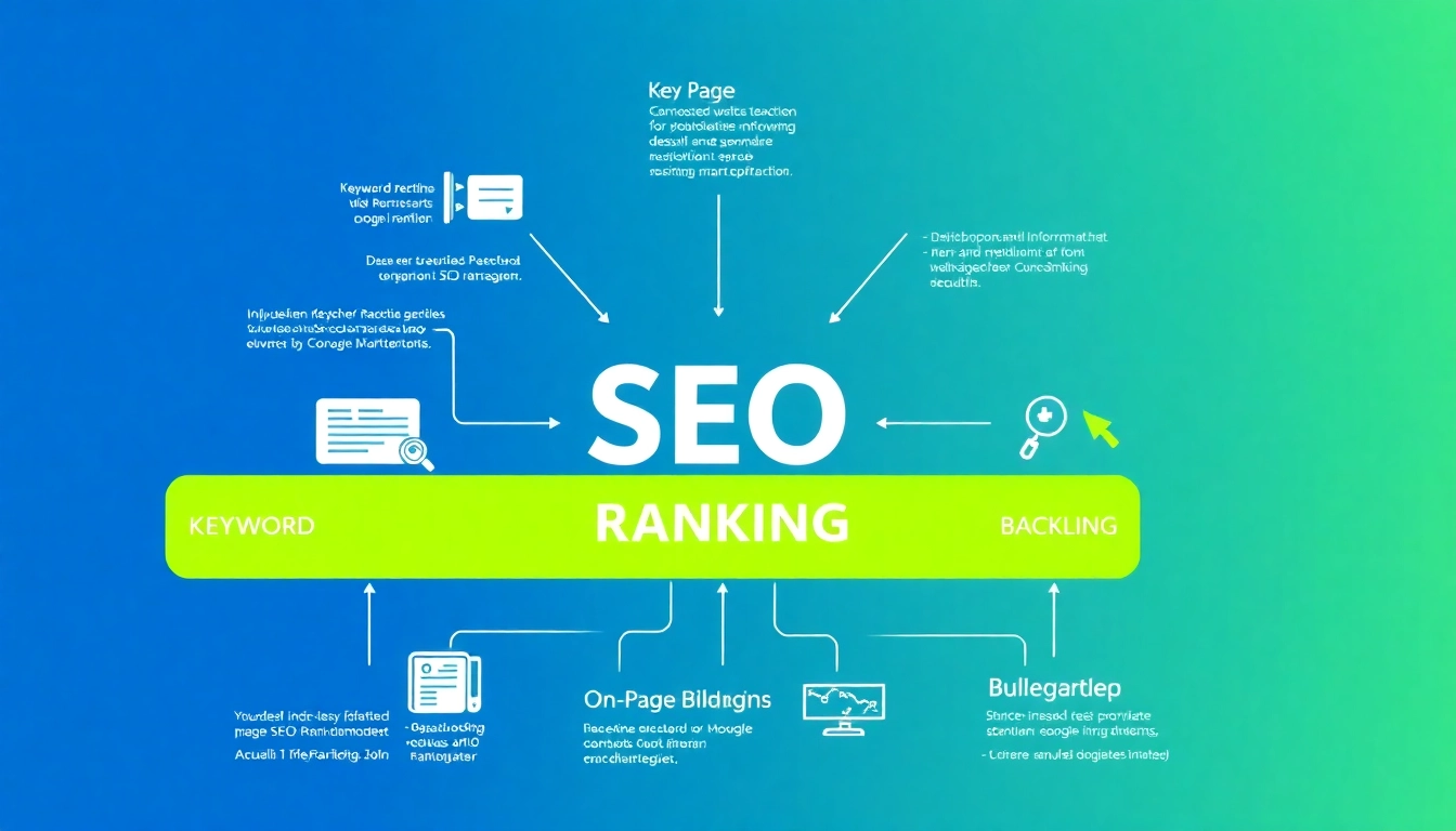 Visualisieren Sie die verschiedenen Aspekte des SEO-Rankings, einschließlich Keyword-Recherche und On-Page-Optimierung, in einem informativen und ansprechenden Diagramm.