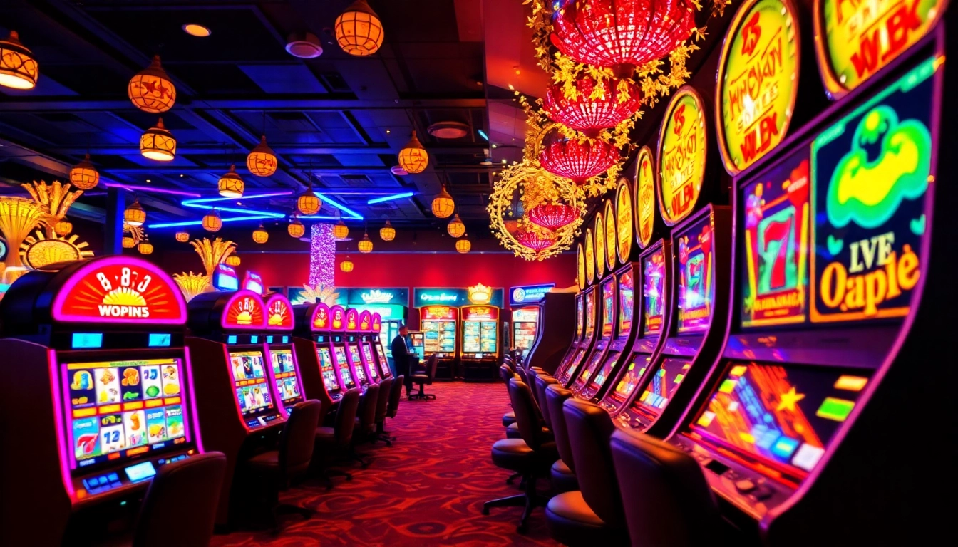 Experience an exciting Casino Bonus offer with vibrant slot machines in a lively gaming environment.