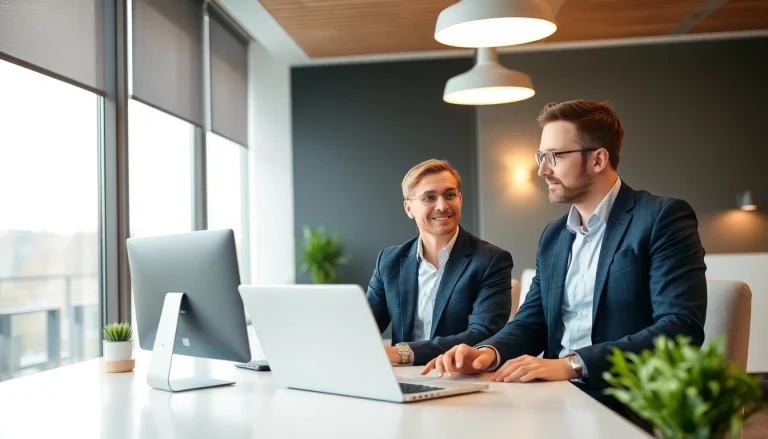 Professioneller Unternehmensberater in Leipzig, der einem Klienten digitale Beratungsdienste präsentiert.
