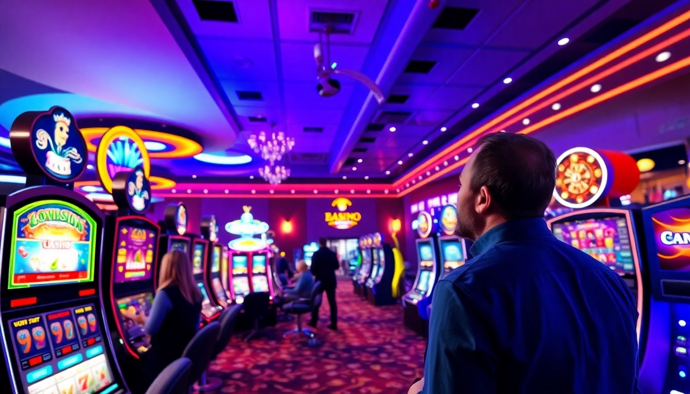 Gamble at the casino online, showcasing vibrant slot machines and joyful players in an engaging virtual environment.