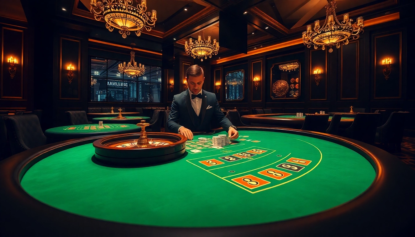 Erleben Sie das aufregende Ambiente eines Online Casinos in der Schweiz mit Spielern am Blackjack und Roulette Tisch.