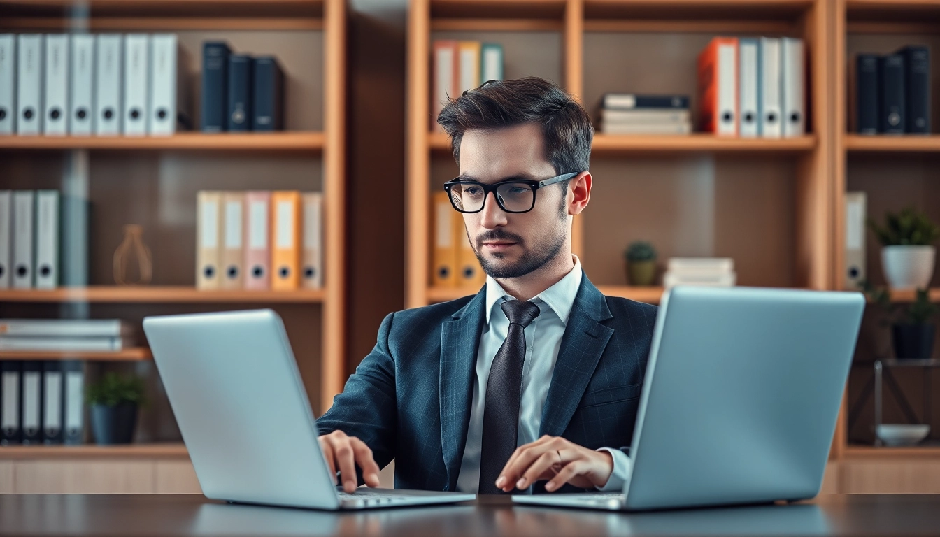 Headhunter Schweiz beim Arbeiten in einem modernen Büro mit Laptop.