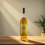 Eine stilvolle Flasche cbd öl auf einem Holztisch, umgeben von Pflanzen.
