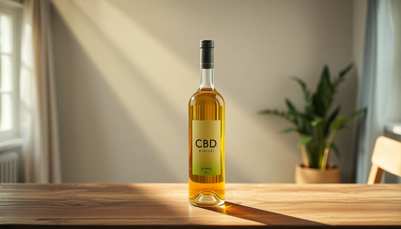 Eine stilvolle Flasche cbd öl auf einem Holztisch, umgeben von Pflanzen.