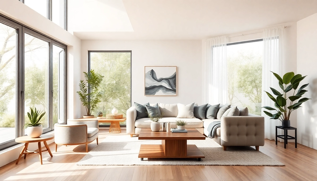 Detailreiche Darstellung einer modernen Raumgestaltung mit natürlichem Licht und minimalistischen Möbeln im Wohnzimmer.