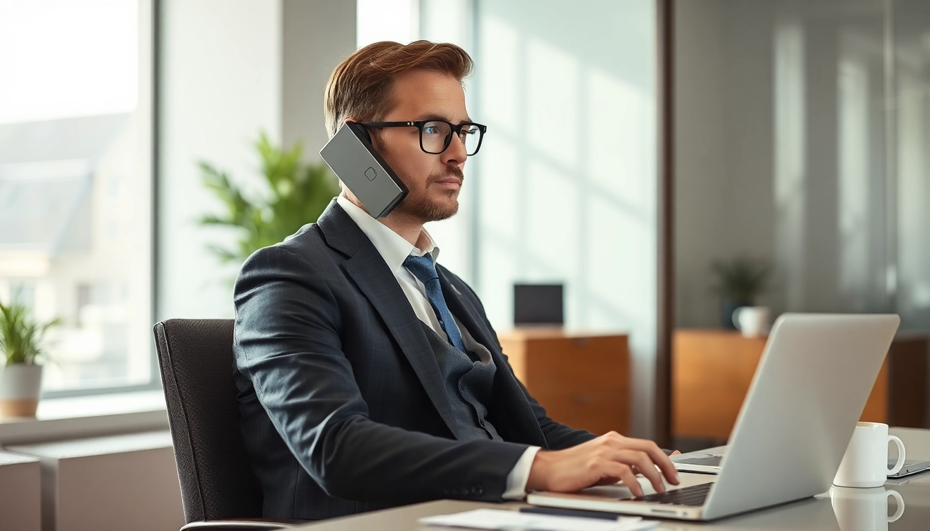 Headhunter Braunschweig führt professionelles Telefonat in stilvollem Büro.