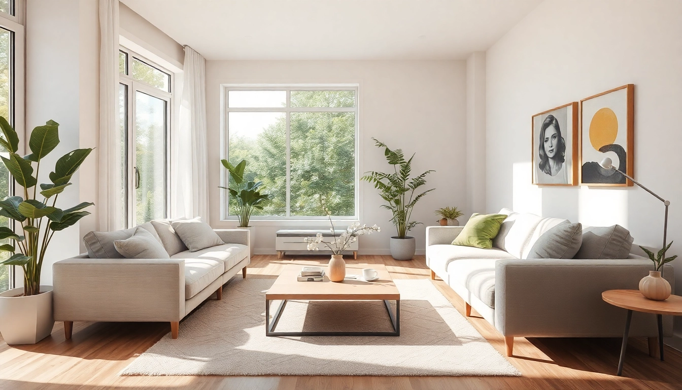 Moderne Raumgestaltung im stilvollen Wohnzimmer mit warmen Licht und harmonischer Farbpalette.