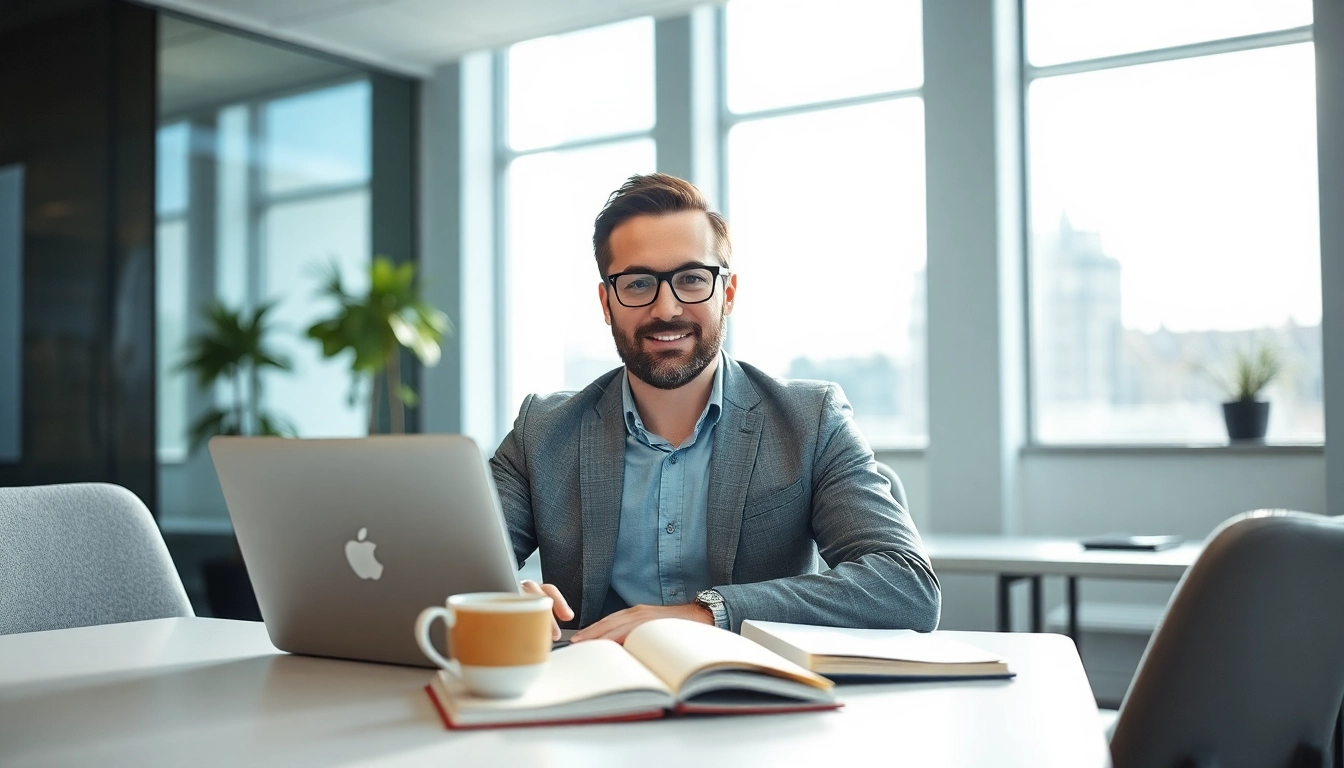 Headhunter Saarbrücken, professionelles Porträt eines Headhunters in modernem Büro mit Laptop und Notizbuch.