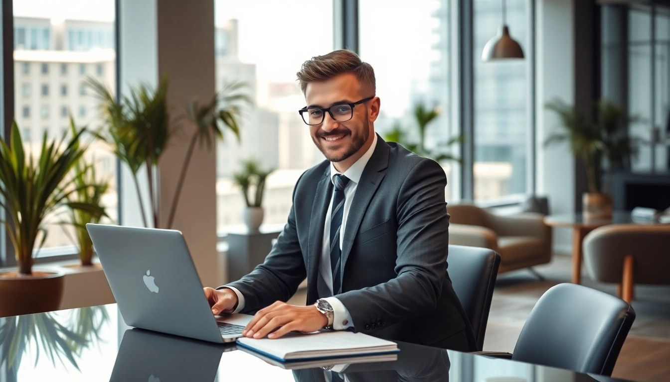 Headhunter arbeitet konzentriert an einem modernen Schreibtisch im Büro.