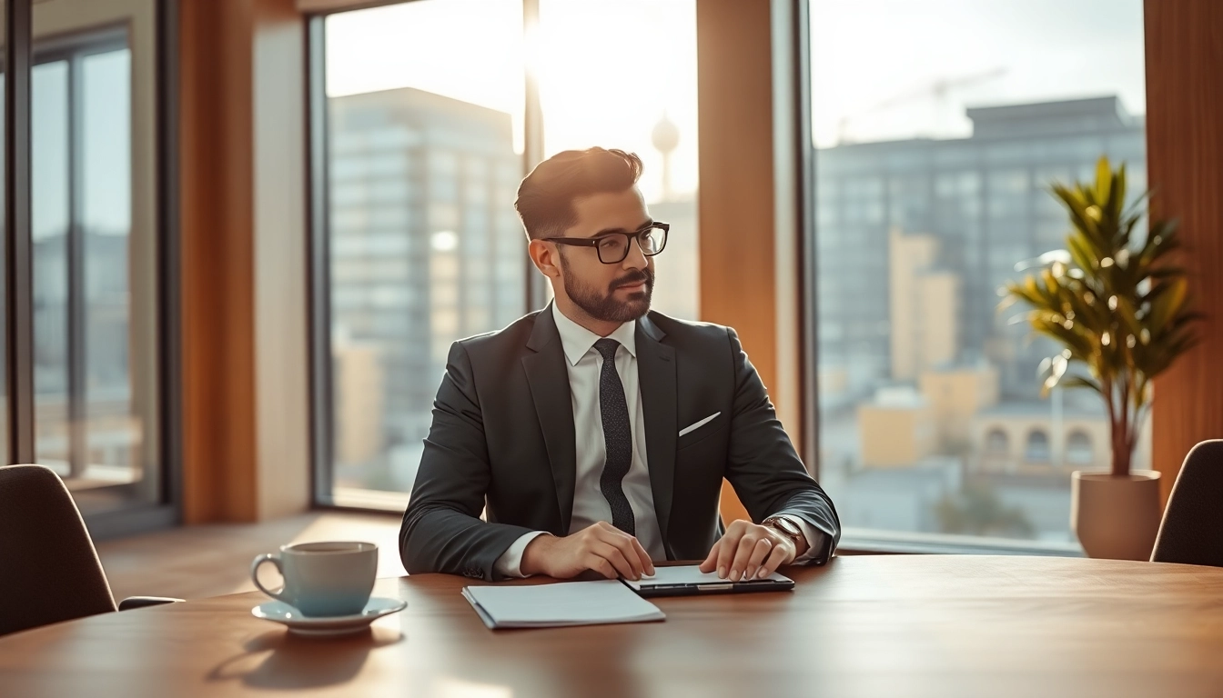 Professioneller Headhunter Berlin prüft Lebensläufe in modernem Büro.